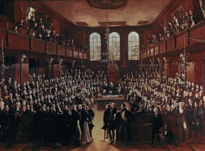 A primeira Câmara dos Comuns reformada durante a mudança de endereço... (óleo) de George Hayter