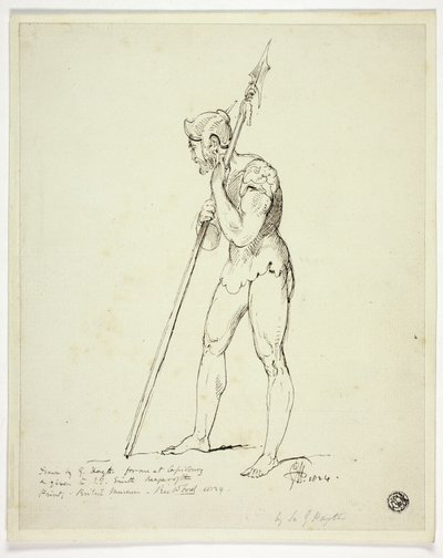 Homem em pé de armadura segurando a lança de George Hayter