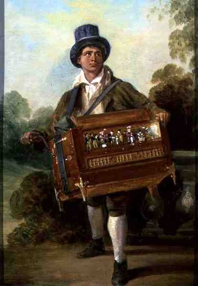 O Hurdy Gurdy Player (óleo no painel) de George Hayter