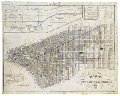Mapa da cidade de Nova York, 1850 (tinta preta, com lavagem de cores, em papel) de George Hayward