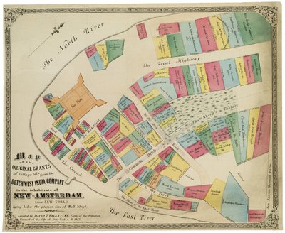 Mapa das concessões originais de lotes de aldeias da Companhia Holandesa das Índias Ocidentais para os habitantes de New-Amsterdam (agora Nova-York), abaixo da atual linha de Wall Street, 1857 (tinta preta, com colou de George Hayward