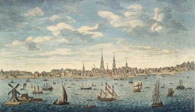 Uma visão prospectiva do leste da cidade de Filadélfia, na província da Pensilvânia, na América do Norte: tomada da costa de Jersey, pub. Londres, 1774 (gravura colorida à mão) de George Heap