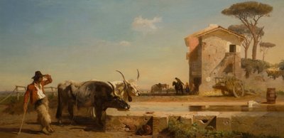 Gado em um bebedouro na Campagna, Roma, 1854. de George Heming Mason