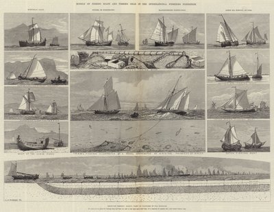 Modelos de barcos de pesca e artes de pesca na Exposição Internacional de Pesca de George Henry Andrews
