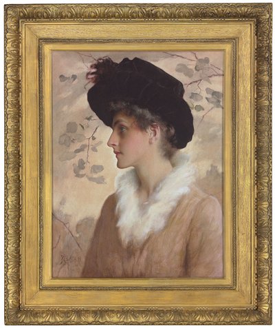 Retrato de uma senhora, meio comprimento, usando um chapéu preto e estola de pele, 1888 de George Henry Boughton