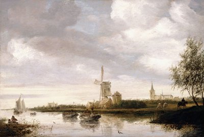 Uma paisagem de rio com barcaças e veleiros e uma igreja além de George Henry Clements