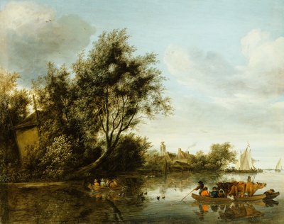 Uma paisagem de rio com um palheiro entre árvores e uma balsa com passageiros e gado de George Henry Clements
