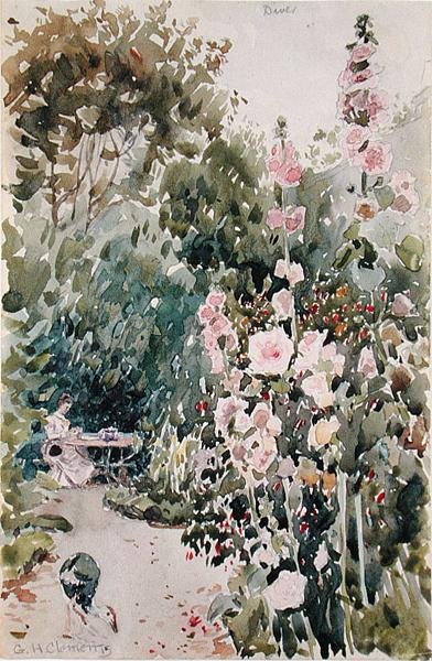 Chá no Hollyhock Garden, Dives, c.1890 (aguarela e lápis sobre papel) de George Henry Clements