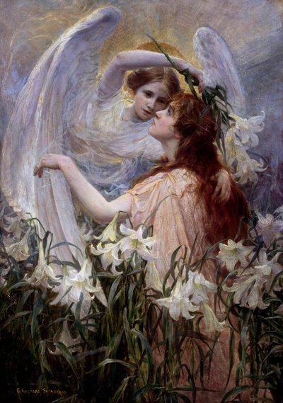 "A Mensagem do Anjo" Uma jovem que ouve a voz de um anjo num jardim de lírios. Pintura de George Hillyard Swinstead (1860-1926) de George Hillyard Swinstead