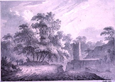 Uma estrada secundária com viajantes ao lado de uma torre, construída em um penhasco rochoso, em Marino, perto do lago Albano de George Howland Beaumont