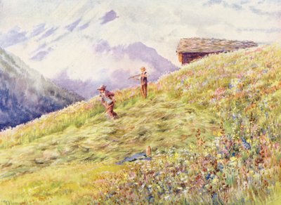 Fenação em Champex em meados de julho (litografia a cores) de George Jackson Flemwell