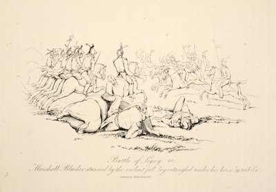 Batalha de Ligny: Marshall Blucher atordoado pela queda violenta estava emaranhado embaixo de seu cavalo, pub J. Booth, 1816 de George Jones