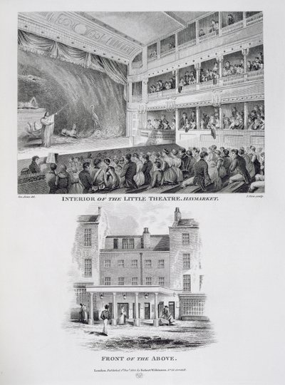 Interior do pequeno teatro, Haymarket em Londres e a frente do acima, gravada por James Stow (c.1770-1820) 1815 de George Jones