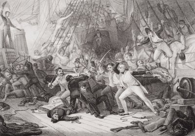 Nelson embarcou no San Josef na Batalha de São Vicente, em 14 de fevereiro de 1797, de "Ilustrações da História Escocesa e Inglesa", Volume II de George Jones