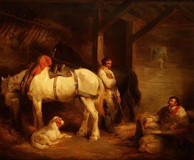 Trabalhadores e Carthorses em um Interior Estável de George Morland