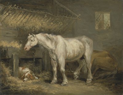 Cavalos velhos com um cachorro em um estábulo, c.1791 (óleo no painel) de George Morland