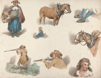 Conjunto de Cinco: Oito estudos: Mulher com Cesto, Cavalo de Carro Piscado, etc. de George Morland