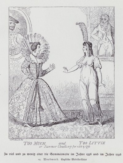 Demasiado Muito e Pouco, Roupa de Verão para 1556 e 1796 (litho) de George Moutard (after) Woodward