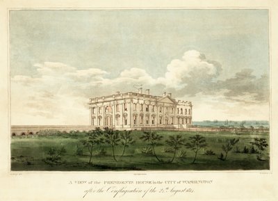 Uma vista da casa dos presidentes na cidade de Washington após a conflagração do 24 de agosto de 1814, bar. 1814 de George Moutard Woodward