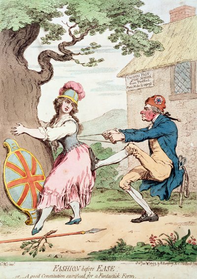 &39;Fashion Before Ease, ou Uma Boa Constituição Sacrificada por uma Forma Fantástica&39;, pub. por Hannah Humphrey, 1793 (ver também 89937) de George Moutard Woodward