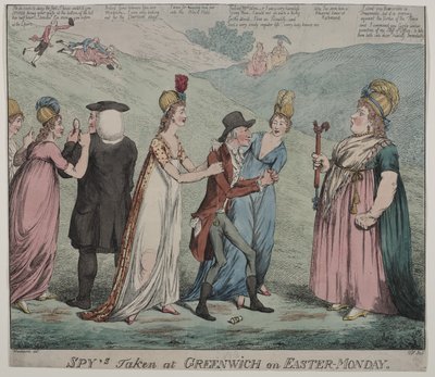 Mãe Windsor com quatro de suas cortesãs, ordena que suas meninas prendam o Bispo de Durham e Duque de Queensbury, 1798 (gravura a cores) de George Moutard Woodward