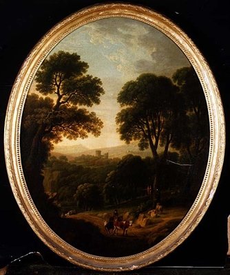 Paisagem arborizada com camponeses e gado em um caminho de George Mullins
