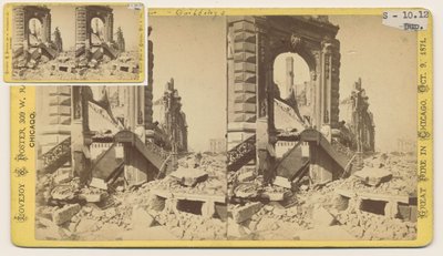Estereógrafo do Bryan Block no canto noroeste das Ruas Monroe e LaSalle após o Chicago Fire de 1871, 1871 (foto no cartão) de George N. Barnard