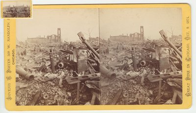 Estereografia das ruínas da Loja de Mamute de Campo & Leiter depois do Incêndio de Chicago de 1871, 1871 (foto bw em montagem de cartão) de George N. Barnard