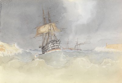 HMS "Trafalgar" navegando para o porto de Malta com a perda da cabeça do leme após um vendaval, 9 de fevereiro de 1852 de George Pechell Mends