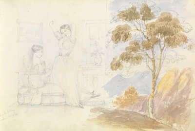 Esboço de duas jovens, uma sentada a ler e a outra a espreguiçar-se e a bocejar (desenhado por Lord Bury) com o desenho de uma árvore ao lado de George Pechell Mends