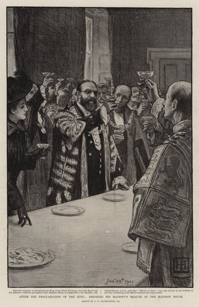 Após a proclamação do rei, bebendo a saúde de sua majestade na mansão de George Percy Jacomb Hood