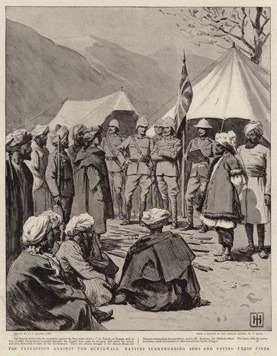 A Expedição contra os Bunerwals, Nativos entregando armas e pagando suas multas de George Percy Jacomb Hood