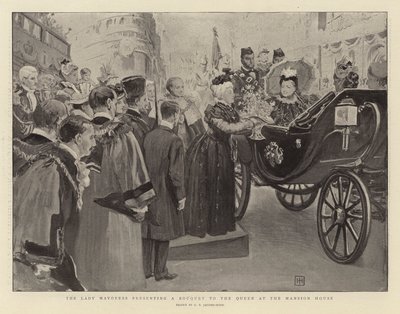 A prefeita apresentar um buquê para a rainha na mansão de George Percy Jacomb Hood