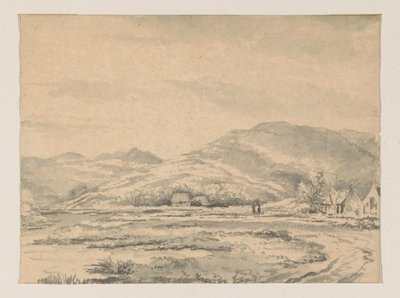 Paisagem montanhosa com algumas casas e um rio à esquerda de George Pieter Westenberg