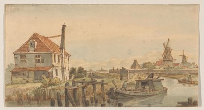 Velas com um barco, uma casa e dois moinhos de George Pieter Westenberg