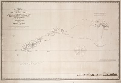 Carta das Shetland do Sul, incluindo a Ilha da Coroação, da exploração do saveiro Dove nos anos de 1821 e 1822 por George Powell, comandante do mesmo de George Powell