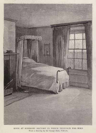Quarto na Reitoria de Somersby, Lincolnshire, no qual o poeta inglês Alfred, Lord Tennyson, nasceu em 1809 (litho) de George Reid