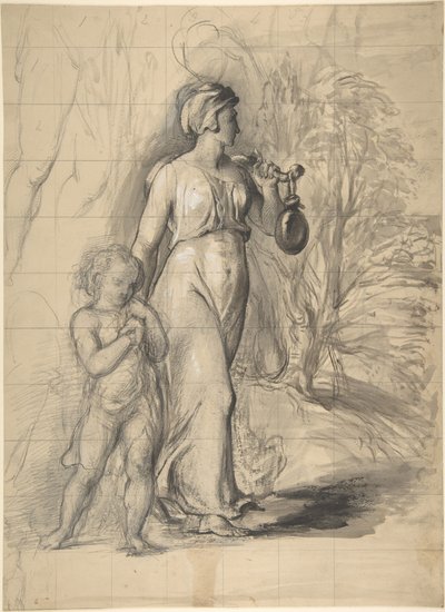 Agar e Ismael no deserto (recto); dois estudos de retrato da mulher do artista e um estudo de uma perna e de um torso (verso) de George Richmond