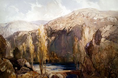 Um rio que corre por um desfiladeiro rochoso (aguarela sobre papel) de George Robert Rushton