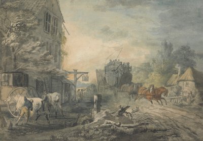Uma diligência e quatro travessias através de uma aldeia na estrada Bath-London de George Robertson