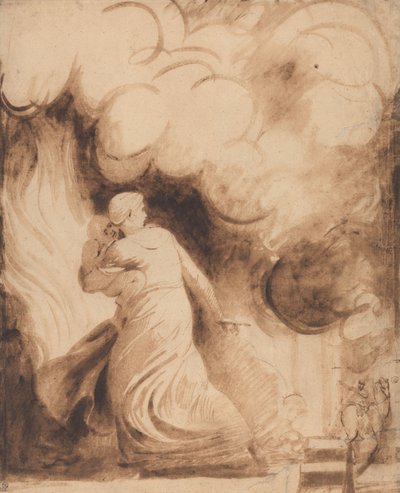 Uma mãe com o seu filho nos braços a voar sobre as muralhas de uma cidade em chamas de George Romney