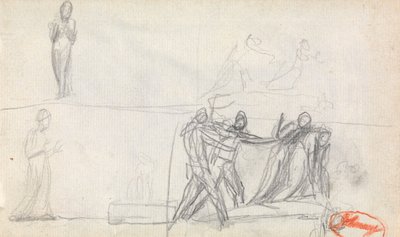 Cena de grupo e dois esboços de uma figura em pé de George Romney