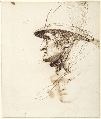 Cabeça de um homem de perfil, usando um chapéu grande de George Romney