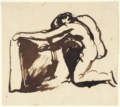 Figura nua, ajoelhada, a escrever numa grande tábua de George Romney