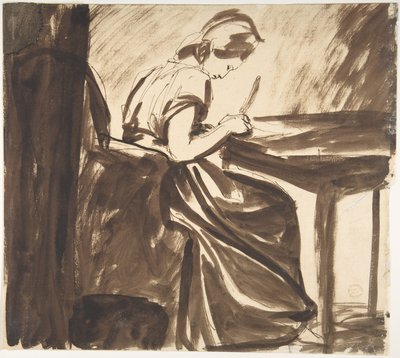 Senhora sentada à mesa (anverso); Figuras a dançar (verso) de George Romney