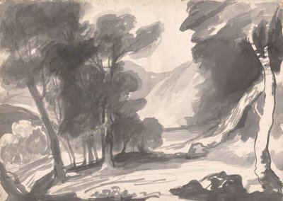 Estudo de paisagem: bosquinho, lago e montanhas de George Romney