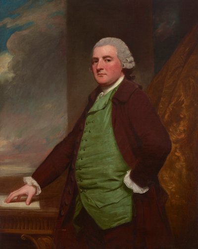 Retrato de James Cross de Clifton, Bristol (1739-1791), três quartos de comprimento, a uma mesa com uma paisagem ao fundo de George Romney
