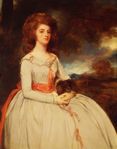 Retrato da Sra. Moody Segunda esposa de Samuel Moody, sentada com três quartos de comprimento em um vestido branco enfeitado com laços rosa e uma faixa rosa, segurando um cachorro no colo, em uma paisagem, de George Romney