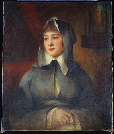 Retrato de uma senhora, meio comprimento, como uma freira, segurando um rosário, por um santuário no interior de George Romney