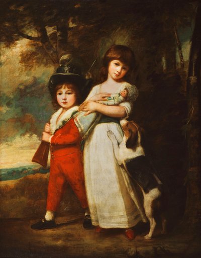 Retrato das crianças de Vernon, a menina de pé em um vestido branco amarrado com uma faixa azul, segurando uma boneca, o menino de jaqueta vermelha e calções, camisa branca e chapéu verde escuro, segurando uma arma, com um Cão ao lado deles, em um bosque de George Romney